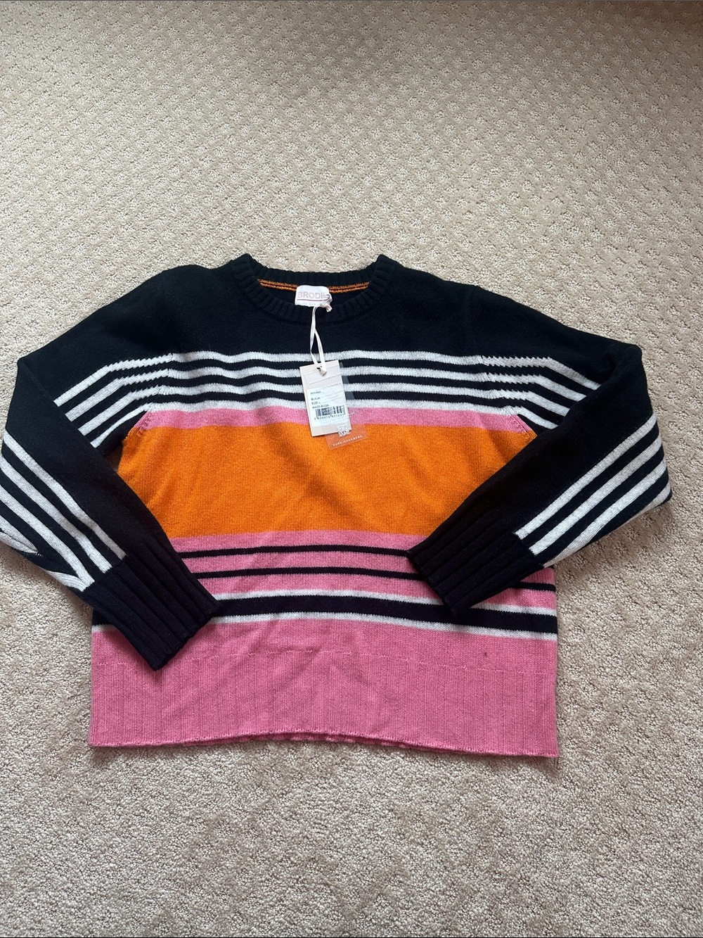 Brodie Cashmere Black Pink Orange Oceana Stripe Sweater Size L NWT